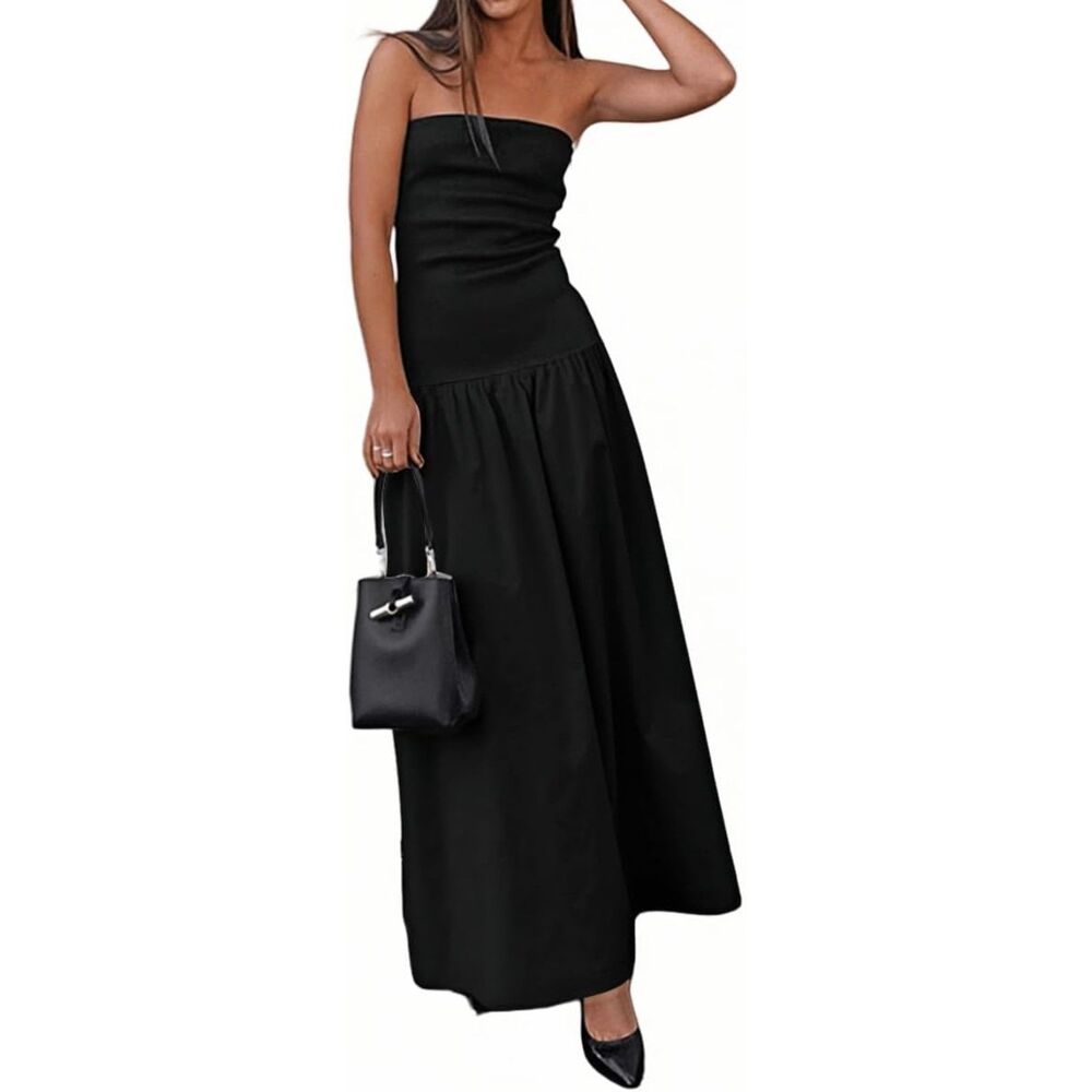 Black Strapless Off Shoulder Maxi Dress A-Line Stretchy Waist Elegant Formal